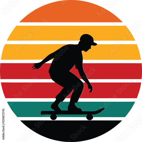 Skateboarder vector silhouette on retro striped sunset  