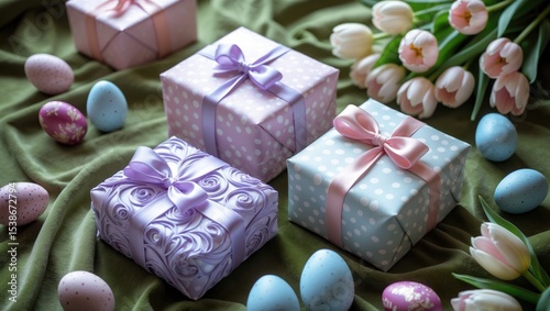 Easter eggs along with gift boxes and tulip flowers displayed on a green grunge background