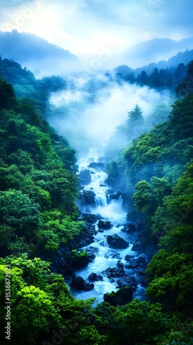 Misty mountain river valley sunrise, nature wallpaper