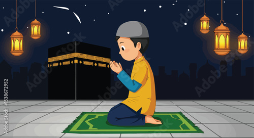 Muslim Boy Praying at Night with Kaaba and Lanterns