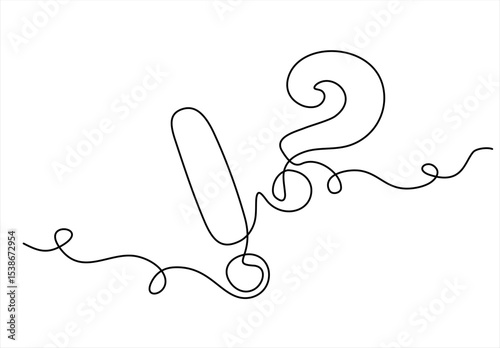 Question and exclamation marks one line art, asking and admiration signs, continuous contour. Query FAQ concept, finding the answer.Concept hacking internet. Hand drawn one line vector.Editable stroke