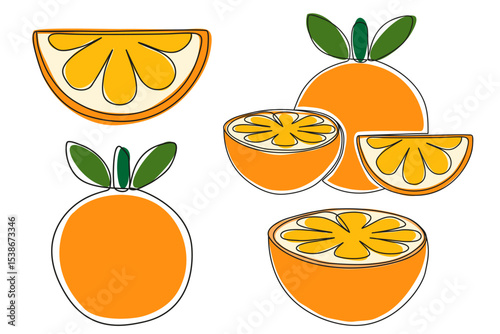 Set of hand drawn oranges, slices, and halves in flat cartoon style. Fresh citrus fruits collection for summer, juice, healthy food, packaging, or textile design.