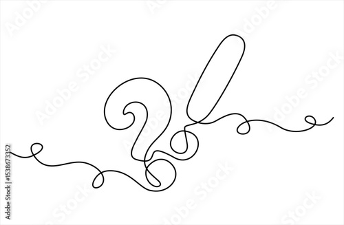 Question and exclamation marks one line art, asking and admiration signs, continuous contour. Query FAQ concept, finding the answer.Concept hacking internet. Hand drawn one line vector.Editable stroke