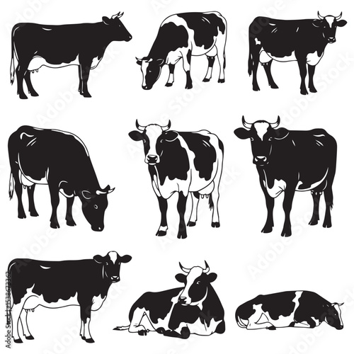 Elegant Vector Silhouettes of Black Dairy Cows in Various Angles Ideal for Milk Industry Branding and Organic Farming Designs