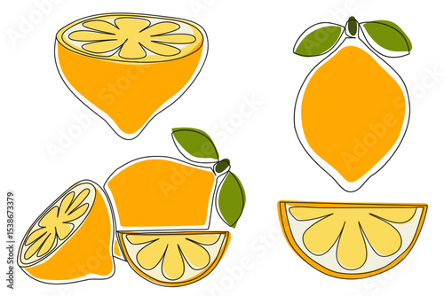Set of hand drawn lemon, slices, and halves in flat cartoon style. Fresh citrus fruits collection for summer, juice, healthy food, packaging, or textile design.