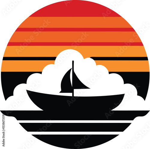 Stormy boat vector silhouette on retro striped sunset  