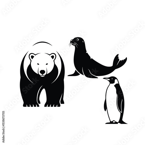 Polar bear seal and penguin arctic animals silhouettes