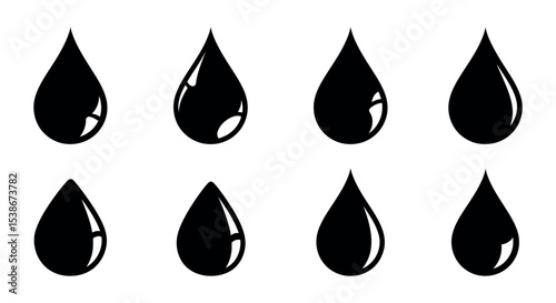 Set of eight black water droplets icons for design and decoration vector illustration