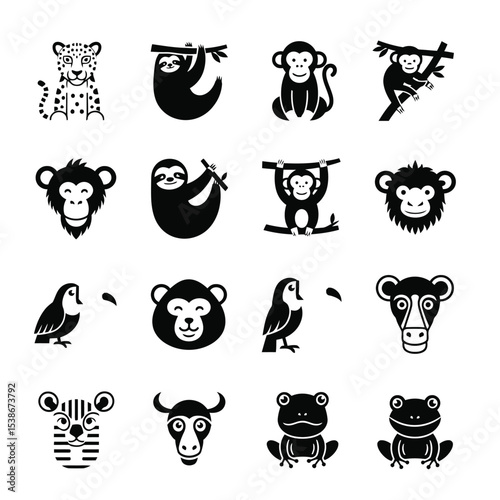 Jungle animals icon set black and white