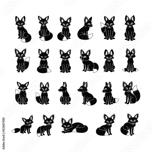 Twenty four black fox silhouettes in various poses