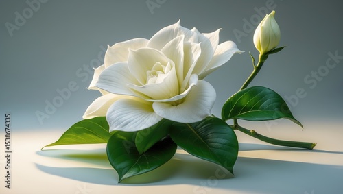 White flower of Gardenia jasminoides on a lengthy stem against a gray background