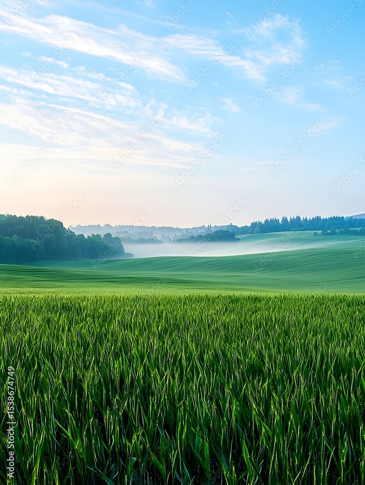 Fototapeta premium Photo of a lush green field at sunrise, symbolizing tranquility, nature’s beauty, and the start of a new day
