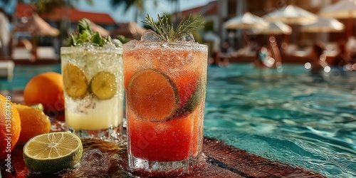 Refreshing summer cocktails beside a sparkling pool at a tropical resort during sunset