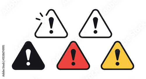 Colorful warning triangle icons set with exclamation marks for safety and alert messages vector illustration