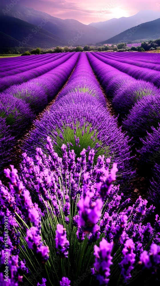 Obraz premium Sunset Lavender Field, Rows, Mountains, Provence, France