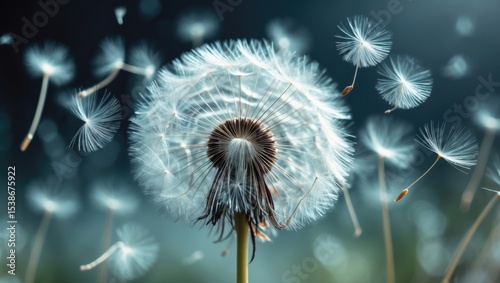 Dandelion seeds disperse from a flower set against a dark background. botany and bloom growth propagation