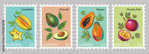 Postage stamps with fruits. Fruit stickers with carambola, avocado, papaya and passion fruit on colored backgrounds. Whole and sliced ​​fruits with leaves. Set of hand drawn vector. Cartoon.