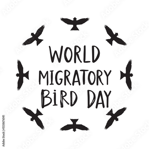 World Migratory Bird Day Poster with Flying Bird Silhouettes and Handwritten Typography on White Background
