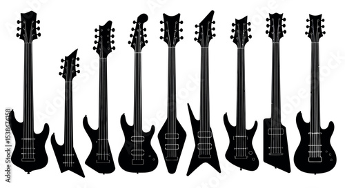 Collection of electric guitars in silhouette for music design projects vector illustration