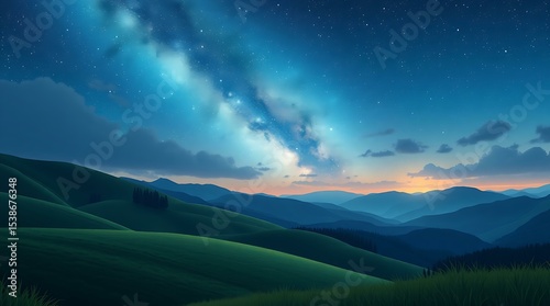 Night sky over rolling green hills