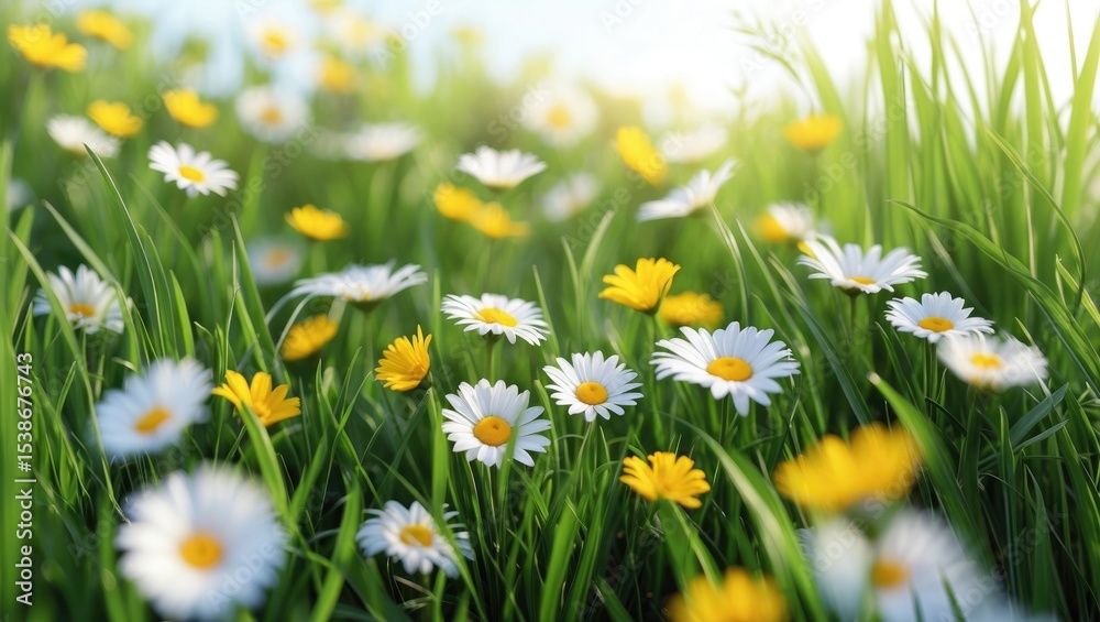 Fototapeta premium Daisy flower set against green grass, isolated on white background.