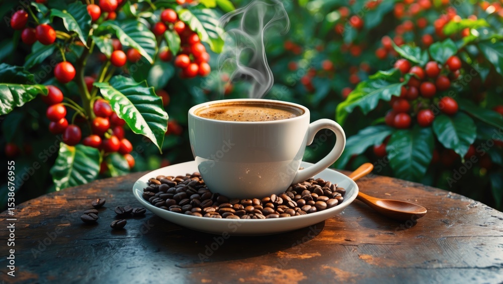 Fototapeta premium Cup of hot coffee alongside roasted beans and a plant background.