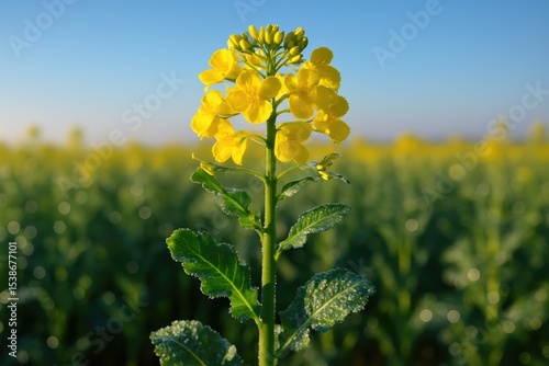 Bright morning scene of blooming colza with dew drops
