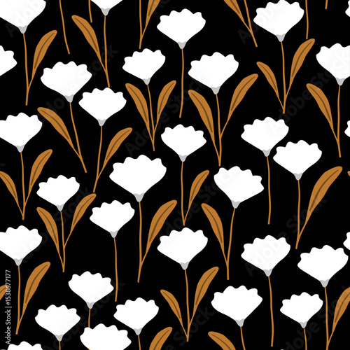 Seamless floral pattern with white flowers and golden brown leaves on black background. Could be used as texture, print, card, wallpaper. 