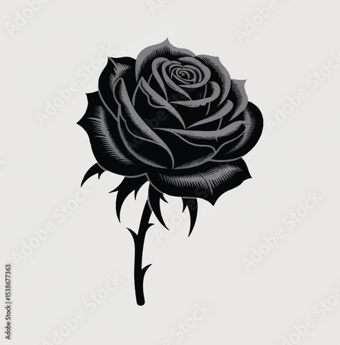 Monochrome Rose Elegance: A stylized monochrome rose with intricate detail blooms, its petals delicately unfurling against a soft backdrop, embodying timeless beauty and graceful simplicity.