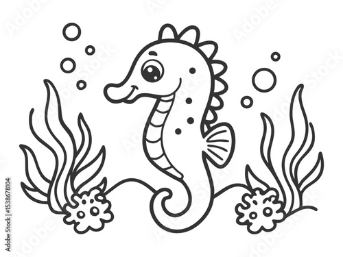Seahorse. Underwater world. Black and white illustration for coloring book