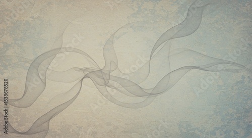 Abstract flowing ribbon-like shapes in shades of gray on a textured background