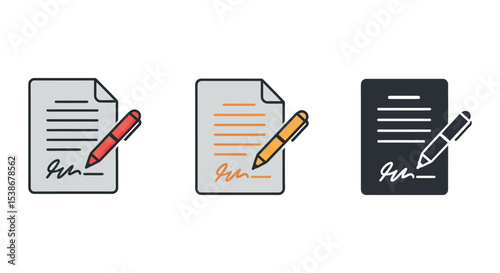 Document icon set with pen for digital signature and writing apps vector illustration