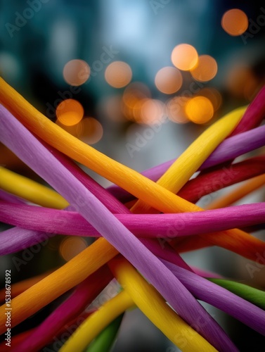 Close-up of colorful intertwined elastic bands with blurred background lights at night