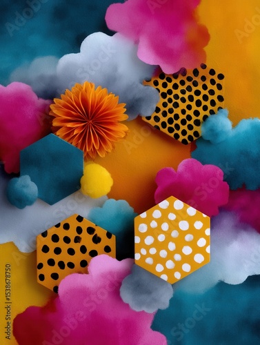 Colorful Paper Crafts and Cloud-Shaped Decorations on Bright Background