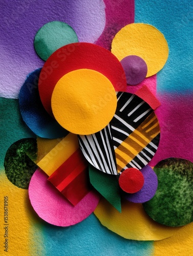 Colorful abstract paper circles and shapes on textured background for modern design and art projects