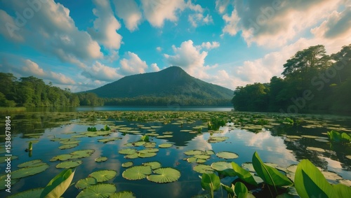 Dock on the scenic lake landscape with wild water hyacinth. photo