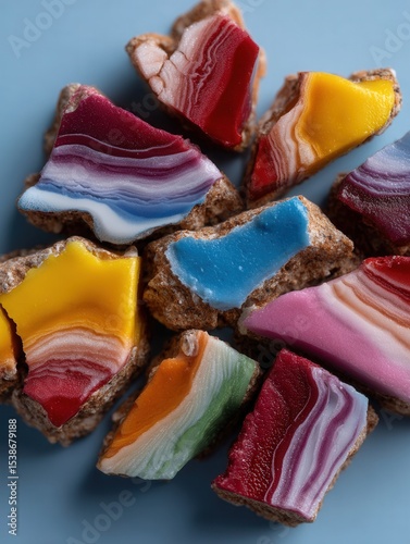 Assorted colorful resin and stone jewelry chips on a blue background for craft and art projects