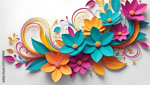 Bright 3D paper art floral design with vibrant teal, orange, pink, and yellow flowers on white background. Ideal for spring themes, greeting cards, or decorative artwork.