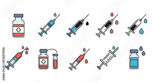 Medical supplies and syringes with blood and medicine themes for healthcare and pharmacy design vector illustration