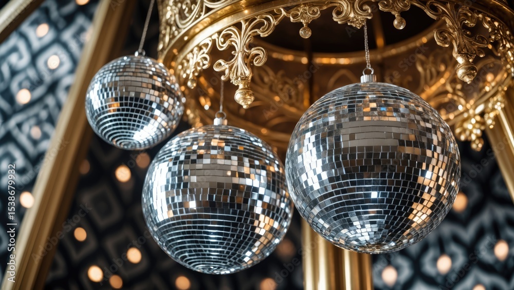 Obraz premium Disco ball hanging from the ceiling as decoration. Close-up view of a crystal mirror disco ball. mirror ball