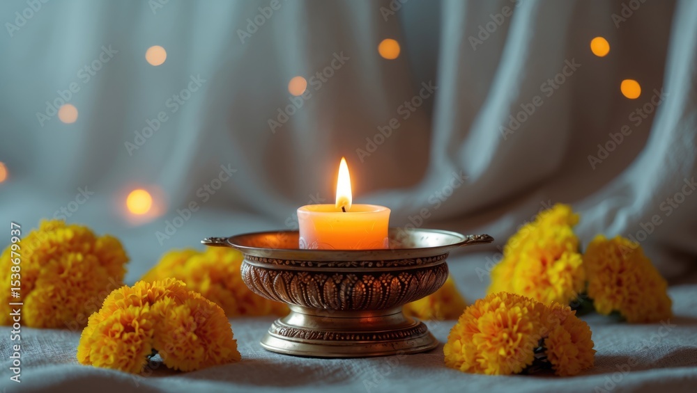 Obraz premium Diya lamp adorned with beautiful marigold flowers on a light background. Diwali celebration