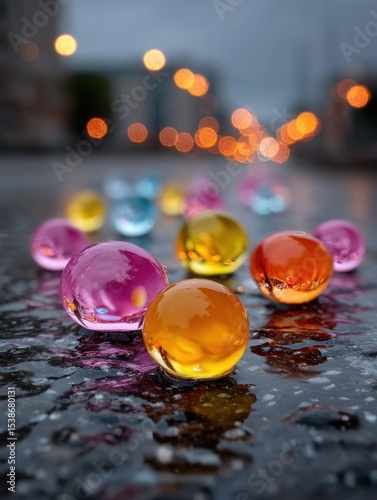 Colorful glass marbles on wet pavement with blurred city lights in background at dusk