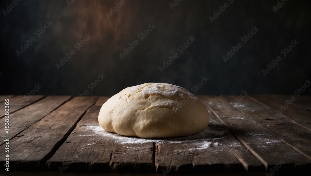 Dough placed on a wooden table with an empty space for an item in a bakery setting against a dark background. Dough placed on a wooden table with an empty space for an item in a bakery setting against a dark background.