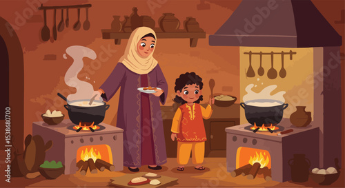 Mother and Child Cooking Together in a Traditional Kitchen