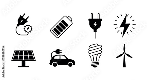 Renewable energy icons set featuring solar, electric, and wind power symbols for eco-friendly designs vector illustration