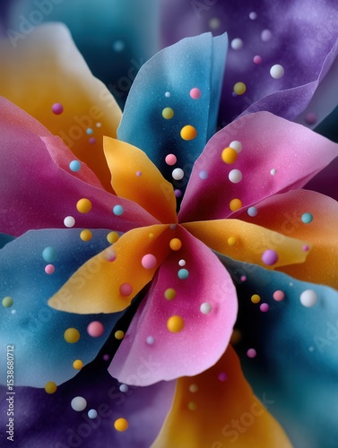 Vibrant, Colorful Abstract Flower with Multicolored Petals and Floating Spheres in a Dreamlike Composition