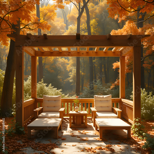 Outdoor wooden gazebo with beige lounge chair and coffee table, autumn forest backdrop; relaxation, garden furniture