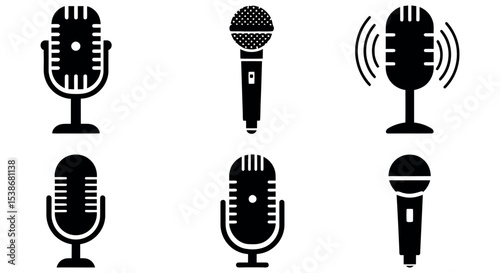 Collection of microphone icons for audio and music design projects vector illustration