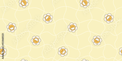 Playful smiling flower pattern with emotions. Seamless hand-drawn floral design with cartoon aesthetics. Great for kid-friendly spring and summer visuals or retro branding