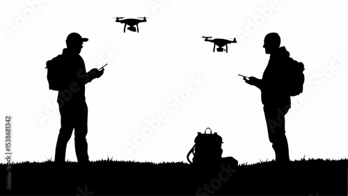 Two people flying drones in a field with backpack silhouette in black and white landscape format image | eps vectors